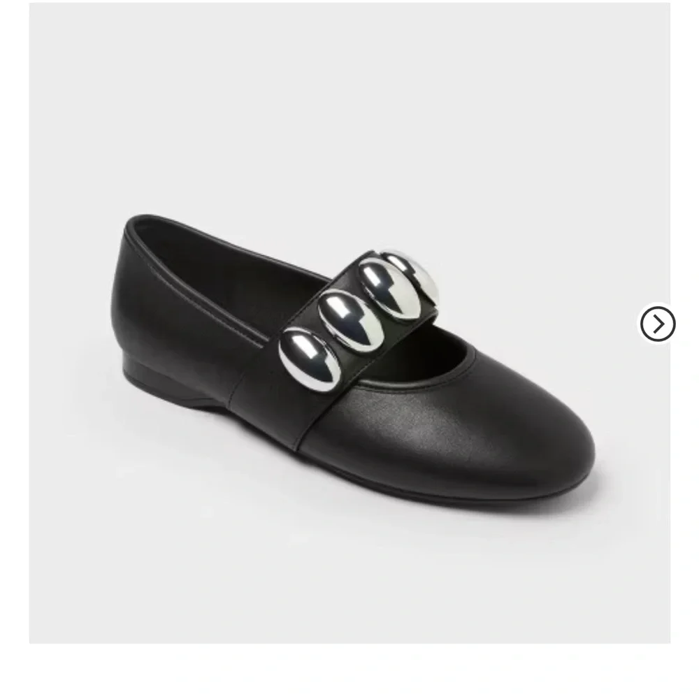 a new day Black Leather Mary Jane Flats with Chunky Silver Chain Strap